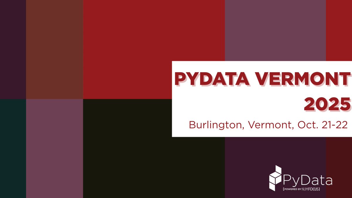 PyData's tweet image. We can’t wait for PyData Vermont 2025 to kick off next week! 🍂
Make sure you get your tickets ASAP to experience two days of exciting sessions on geospatial Python, open-source AI, and more, at the 2nd annual PyData Vermont data conference, Oct. 21-22! hubs.la/Q03N835k0
