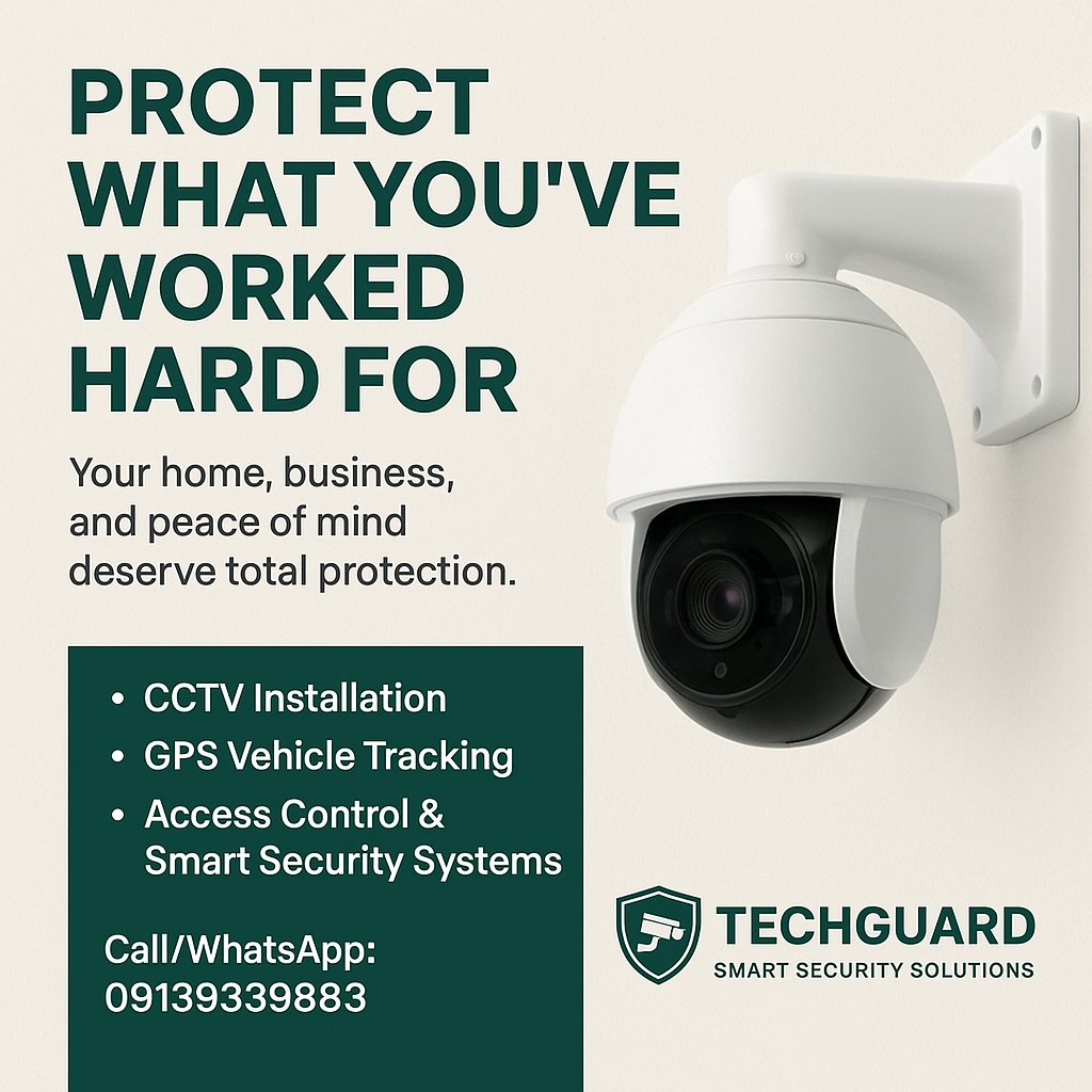 TechGuardNg's tweet image. Your home, business, and peace of mind deserve total protection.
With TechGuard’s advanced CCTV systems, you get crystal-clear footage, smart alerts, and 24/7 surveillance — all at your fingertips.

🛡️ Secure today. Relax tomorrow.

📞 Call/WhatsApp: 09139339883