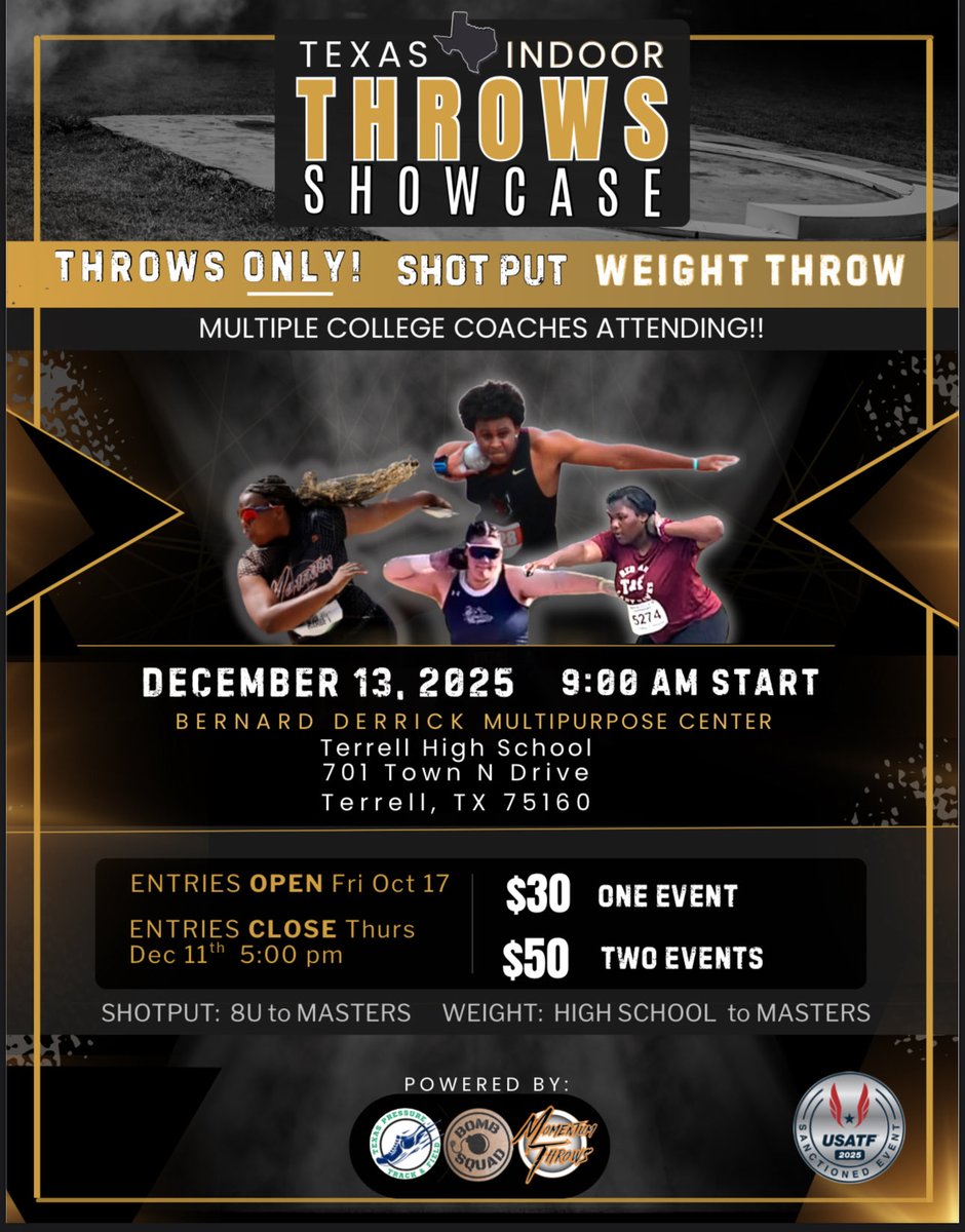 🚨TEXAS INDOOR THROWS SHOWCASE‼️‼️ 

USATF sanctioned, 8u to masters! OPEN section for pros and more🔥

Register on athletic.net spots are gonna fill up FAST💪🏾
