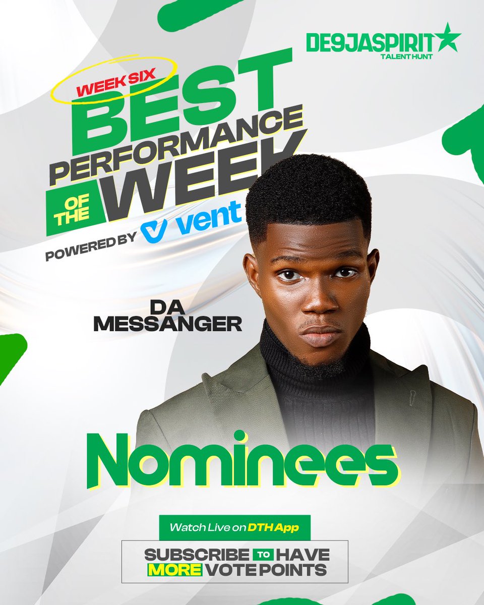 dthngr's tweet image. The judges did their part, now it’s time for YOU to do yours 🔥
Vote your favorite, so they can win a cash price of N500,000 🤩
Download, Subscribe and Vote on the DTH app now.
#de9jaspirittalenthunt #dth