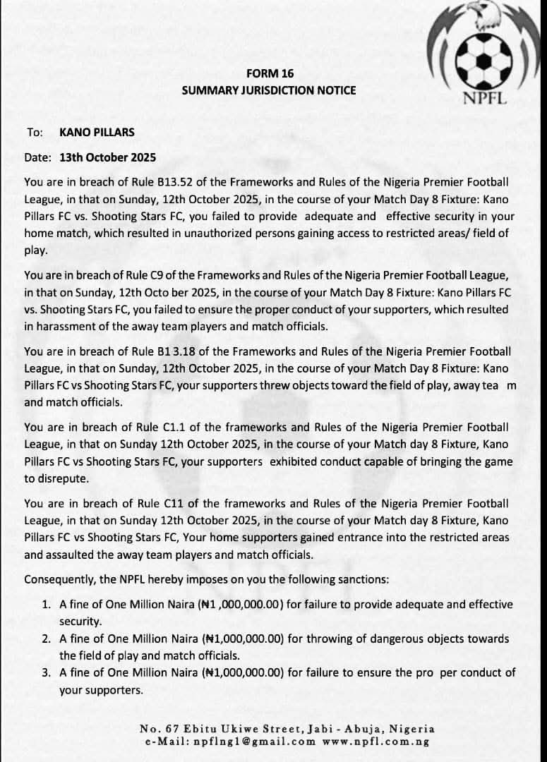 Security breach at Kano Pillars match