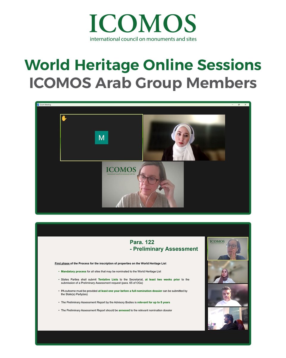 IcomosJordan's tweet image. عقدت الجلستين الأولى والثانية من سلسلة الجلسات الإلكترونية حول التراث العالمي.
The first and second sessions of the World Heritage Online Series were successfully held.
#ICOMOS #WorldHeritage #ArabGroup #ICOMOSJordan #HeritageSessions