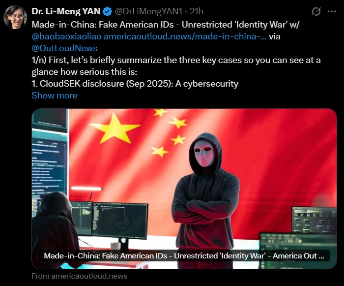 Dr. Lawrence Sellin (@lawrencesellin) on Twitter photo The enemy is already inside the wire.
<a href="/DrLiMengYAN1/">Dr. Li-Meng YAN</a> is correct.
Separate investigations confirm that Chinese illegal aliens, linked to Chinese Consulates, assist other Chinese illegal aliens to obtain U.S. documentation, drivers licenses, work permits, Social Security cards etc. The enemy is already inside the wire.
<a href="/DrLiMengYAN1/">Dr. Li-Meng YAN</a> is correct.
Separate investigations confirm that Chinese illegal aliens, linked to Chinese Consulates, assist other Chinese illegal aliens to obtain U.S. documentation, drivers licenses, work permits, Social Security cards etc.