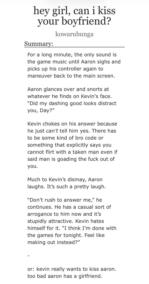 kevin day getting unicorn hunted and liking it? in MY fanfic? more likely than you think…

my <a href="/aftgexchange/">AFTG Exchange</a> fic for dirtnbugs !

hey girl, can i kiss your boyfriend? / 2.7k / katekevaaron

archiveofourown.org/works/72023761