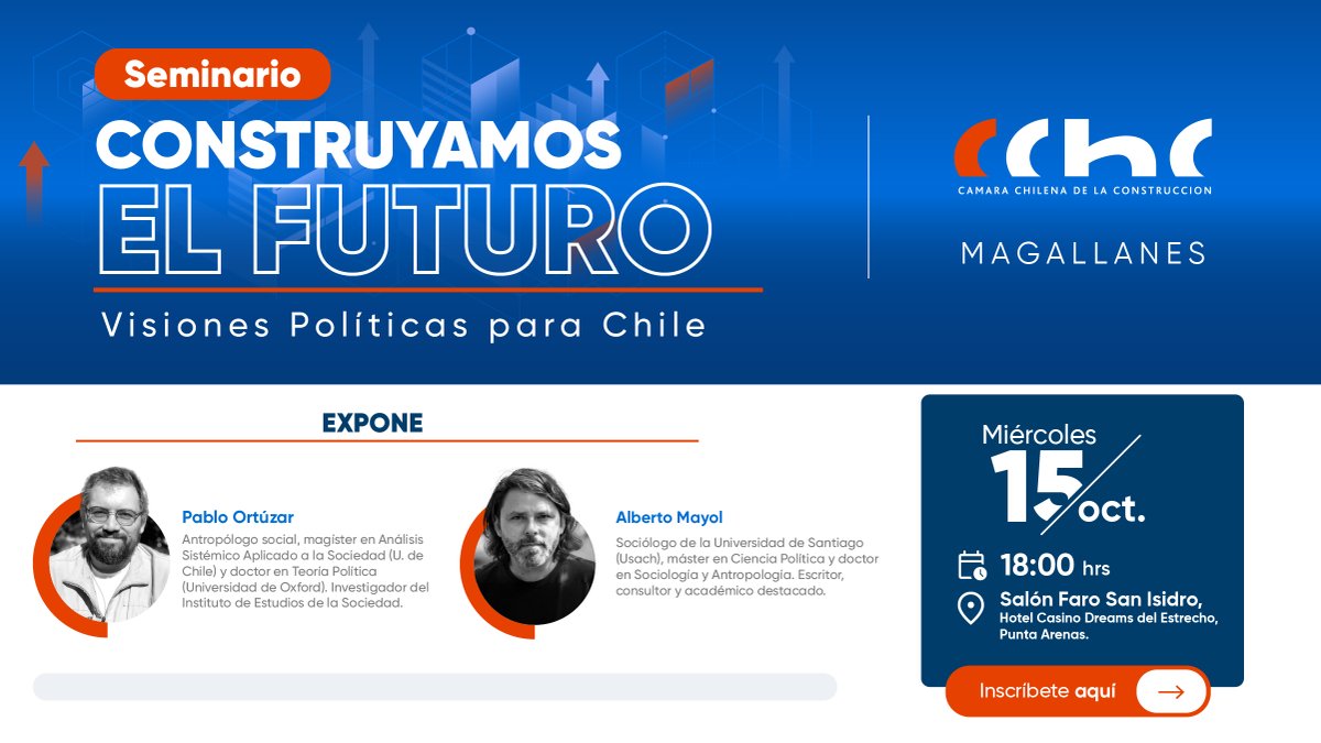 🇨🇱 Seminario "Construyamos el Futuro: Visiones Políticas para #Chile" La CChC #Magallanes te invita a un imperdible encuentro en un año clave para nuestro país: Miércoles 15 de octubre desde 18 hrs. en el Hotel Casino Dreams. Inscripciones: 🎟️forms.gle/trvWLxswAo9C9y…
<a href="/CChC_Chile/">Cámara Chilena de la Construcción</a>