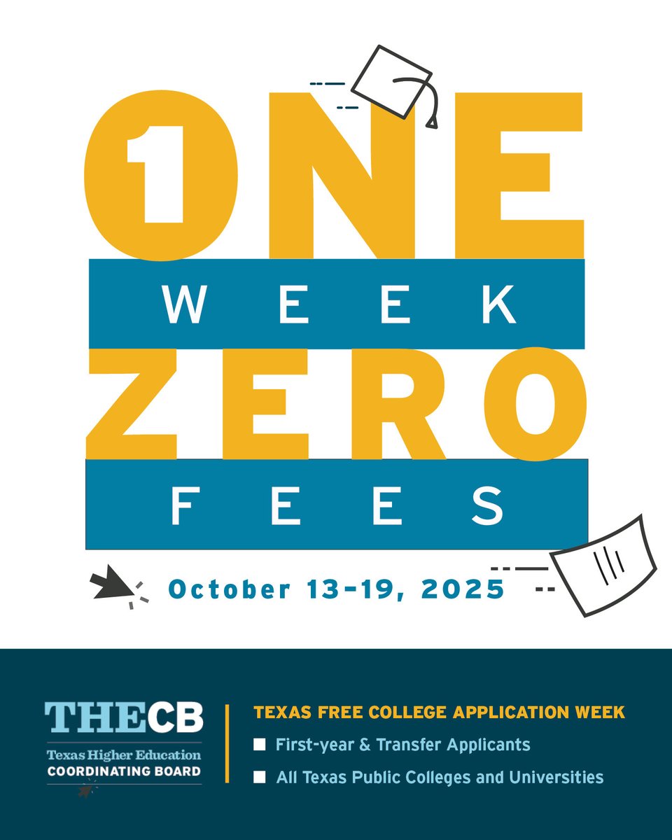 Texas is waiving college application fees! October 13–19, 2025 First-year &amp; transfer students All Texas public colleges and universities Apply via ApplyTexas