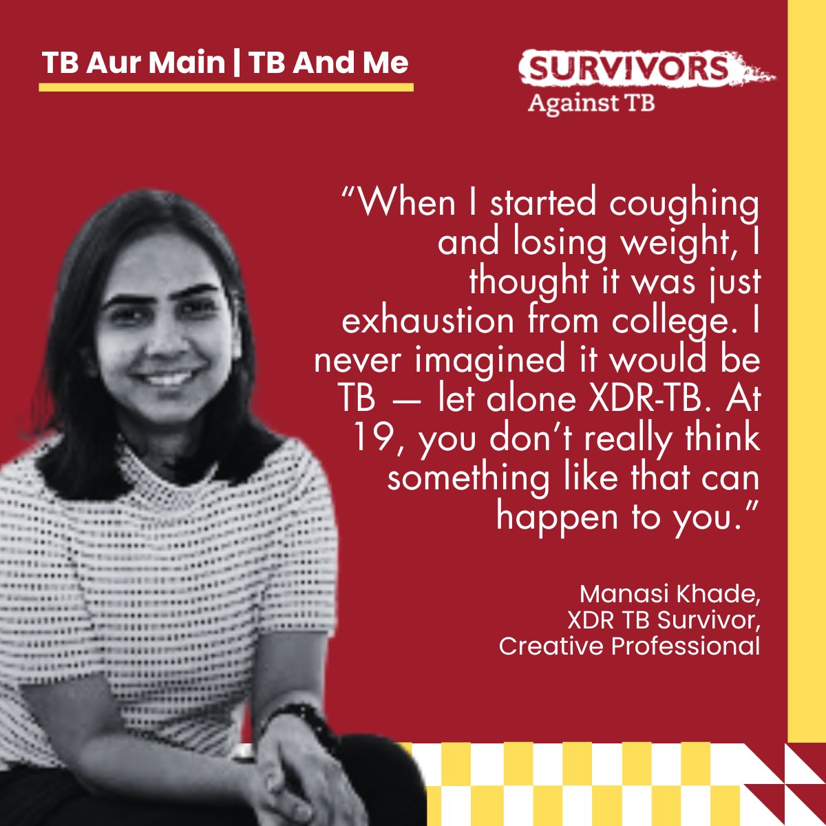 SATB1231's tweet photo. No one plans for TB. But for Manasi, an unexpected diagnosis at 19 became the start of a journey that would reshape her strength and perspective.

New episode of TB Aur Main, featuring @manasikhade, out on Friday!

#TBandMe #TBAurMain https://t.co/9vkBtaX4Qu