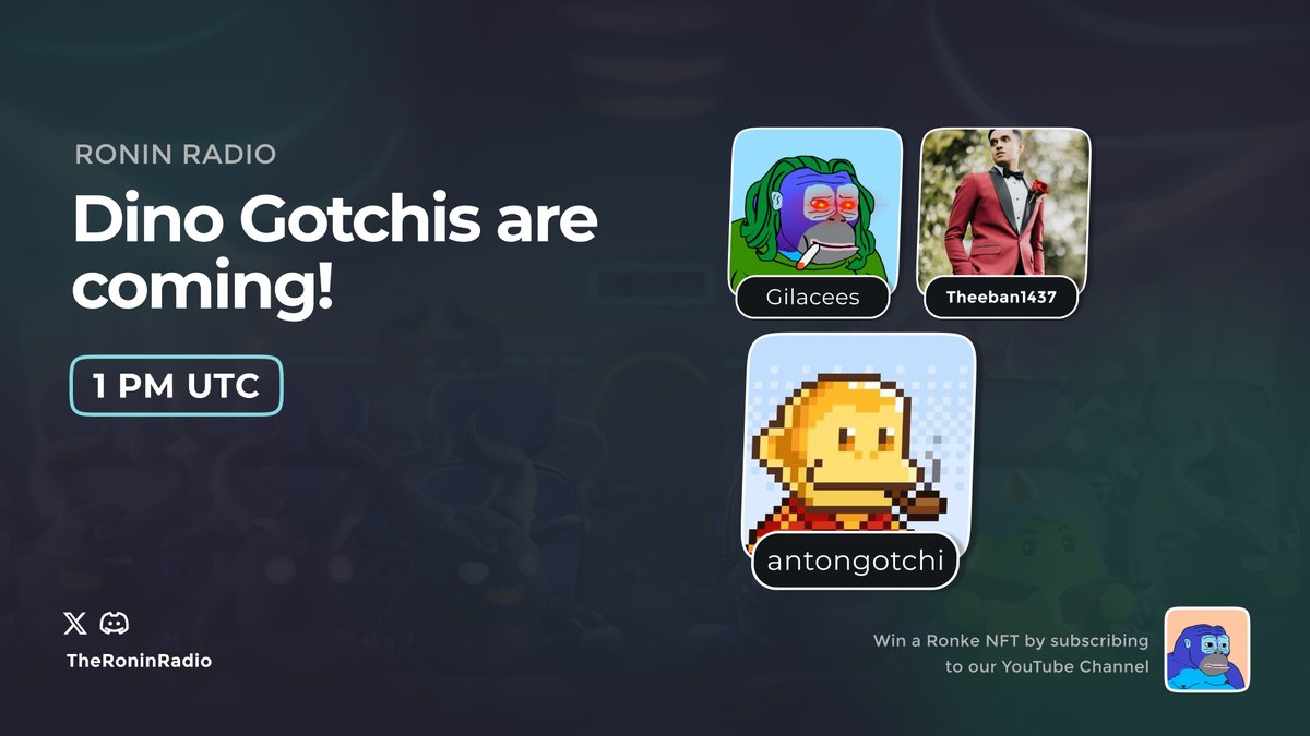 TheRoninRadio's tweet image. This Tuesdays on Ronin Radio 🚨
@sleepagotchi, plus WL for free mint! 🦕
Hey guys! We're back with another episode of Ronin Radio, and this time with a special guest.
We'll be having the founder of @sleepagotchi, @antongotchi join us live, to discuss the project and the Dino…