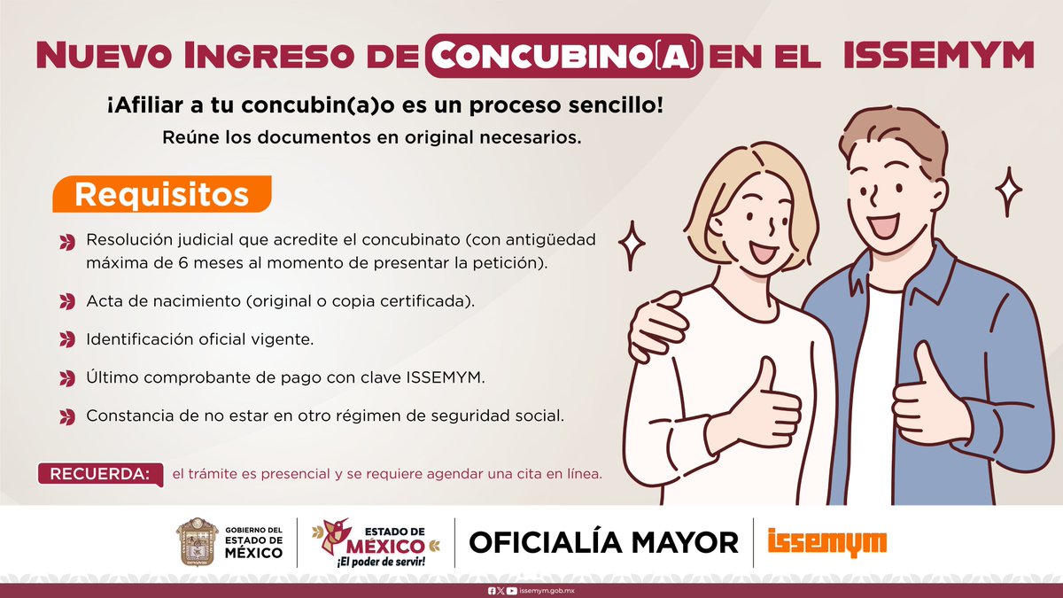 Issemym's tweet image. #TrámitesIssemym | Para afiliarte como concubin@ de un(a) servidor público o pensionad@, recuerda que deberás acreditar no estar sujeto a otro régimen de seguridad social. #EquipoIssemym #ElPoderdeServir