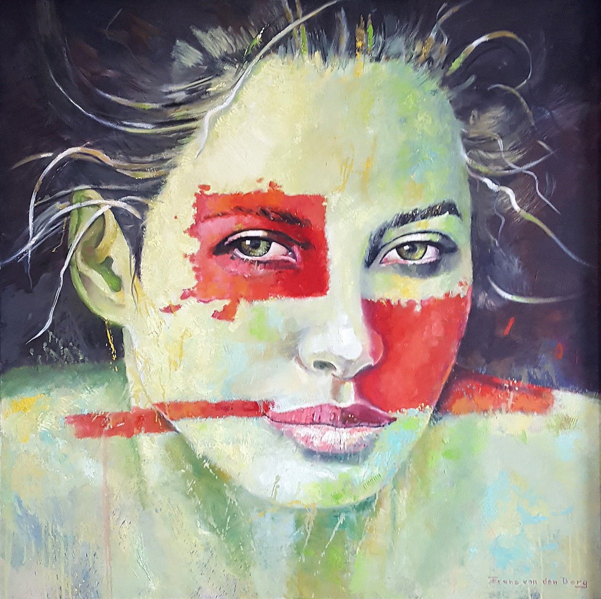 Frans van den Berg | Beauty with red color areas | Olieverf | 2020 | 90x90x3 cm (w/h/d) | €3.400 | For sale onlinegallery.art/en/frans-van-d…