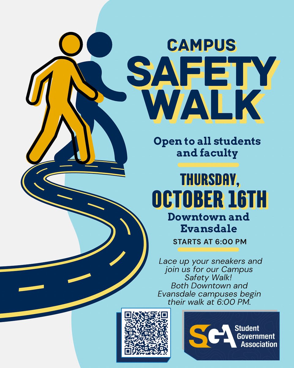 sgawvu's tweet photo. Join us Thursday, October 16th for our Campus Safety Walk! Starting at 6 PM, both Evansdale and Downtown Campus groups will participate in the walk. Sign up by scanning the QR code or using the link in our bio! https://t.co/y2T4urORkz