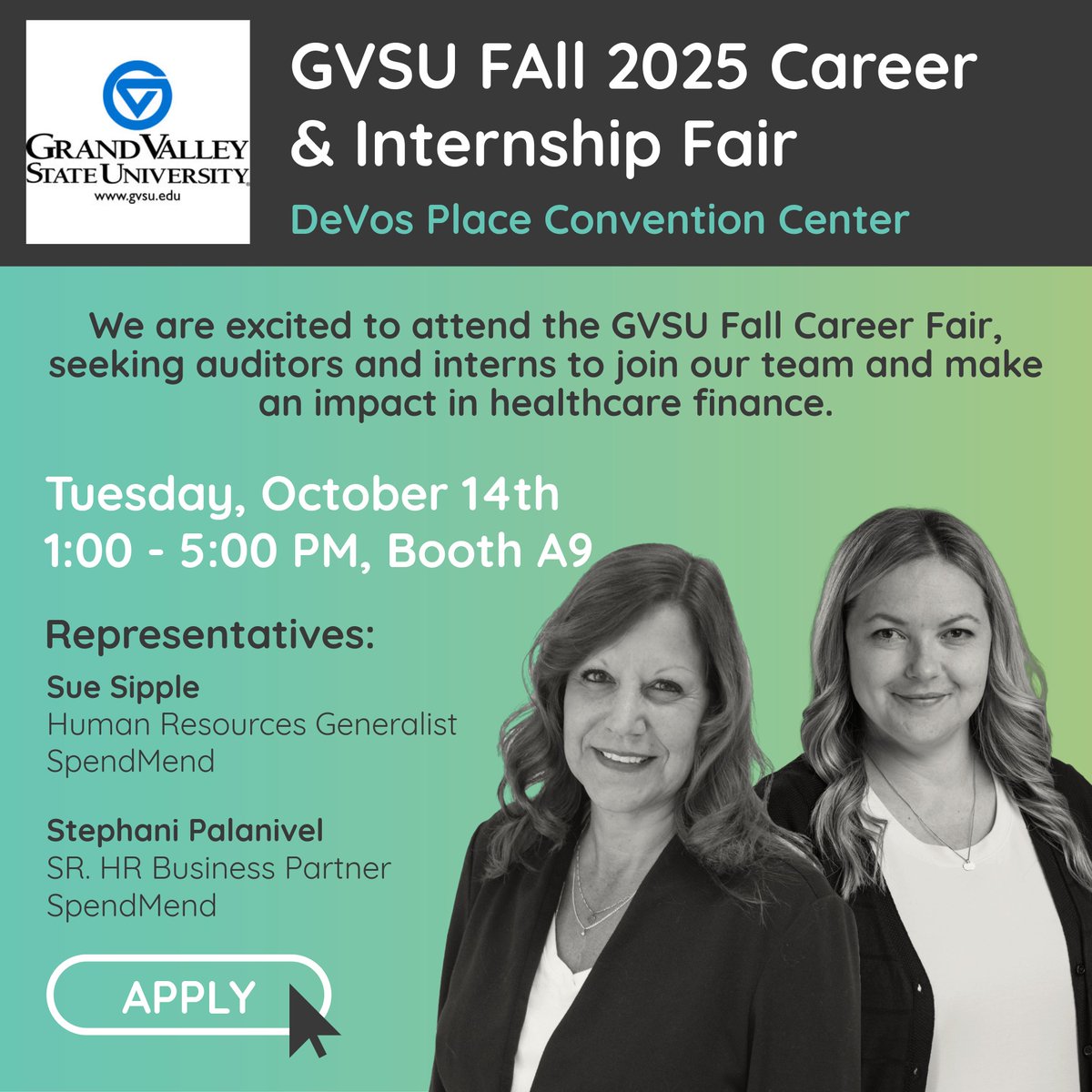 SpendMend's tweet image. We’re heading to the GVSU Fall 2025 Career & Internship Fair!
DeVos Place, Grand Rapids
Tuesday, Oct 14 | Booth A9
Meet the SpendMend team & explore career opportunities in healthcare innovation.
Apply now: recruiting.paylocity.com/recruiting/job…
#GVSU #CareerFair #SpendMend #NowHiring