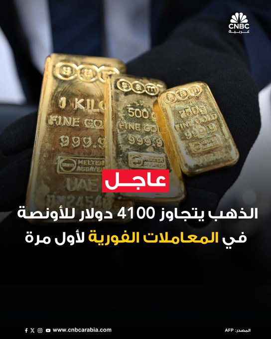 سجلت أسعار الذهب في المعاملات الفورية مستوى قياسياً جديداً، متجاوزة حاجز 4100 دولار للأوقية للمرة الأولى على الإطلاق، في ظل تصاعد الطلب العالمي على الملاذات الآمنة. #عاجل 