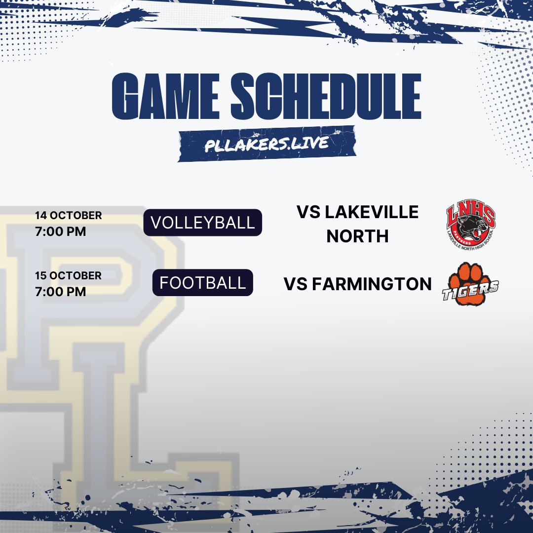🏐 Oct 14 – Volleyball - Lakeville North (7PM)
🏈 Oct 15 – Football - Farmington (7PM)

Watch live 👉 PLLakers.live

#PriorLakeLakers #LakerPride #GameDay #MNHighSchoolSports