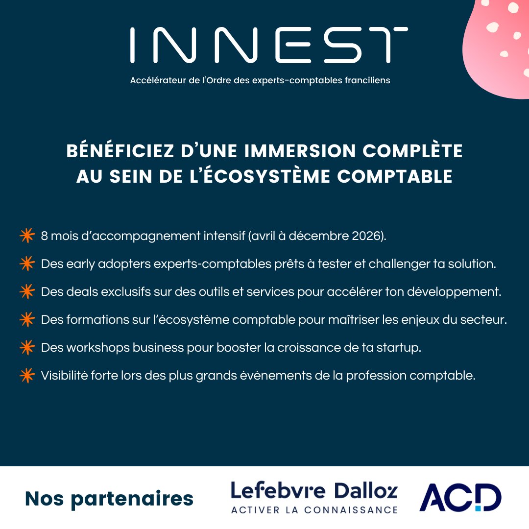 INNEST (@innest_) on Twitter photo đ Tu dĂ©veloppes une solution pour les experts-comptables et leurs clients TPE/PME ?
Innest, lâaccĂ©lĂ©rateur de startups de lâ<a href="/OECParis/">OECParis</a> , ouvre son appel Ă candidatures 2026 !
đ
Tu as jusquâau 11 janvier 2026 pour postuler.
đ candidatures-innest-promo7.wiin.io/fr/application⊠đ Tu dĂ©veloppes une solution pour les experts-comptables et leurs clients TPE/PME ?
Innest, lâaccĂ©lĂ©rateur de startups de lâ<a href="/OECParis/">OECParis</a> , ouvre son appel Ă candidatures 2026 !
đ
Tu as jusquâau 11 janvier 2026 pour postuler.
đ candidatures-innest-promo7.wiin.io/fr/applicationâŠ