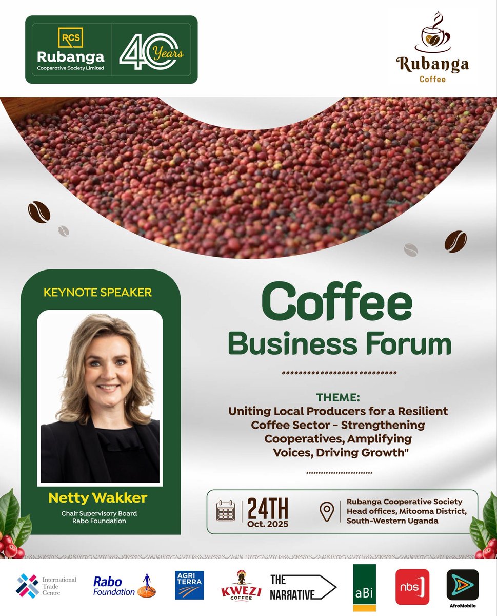 RubangaCoffee's tweet image. Excited to announce our key note speakers for the Coffee Business Forum. Moses Nyabila from @aBiDevtFinance and Netty Wakker from @Rabobank to share insights on scaling coffee production, value addition, financing and sustainable market access #coffeeBusinessForum
#Rubangaat40