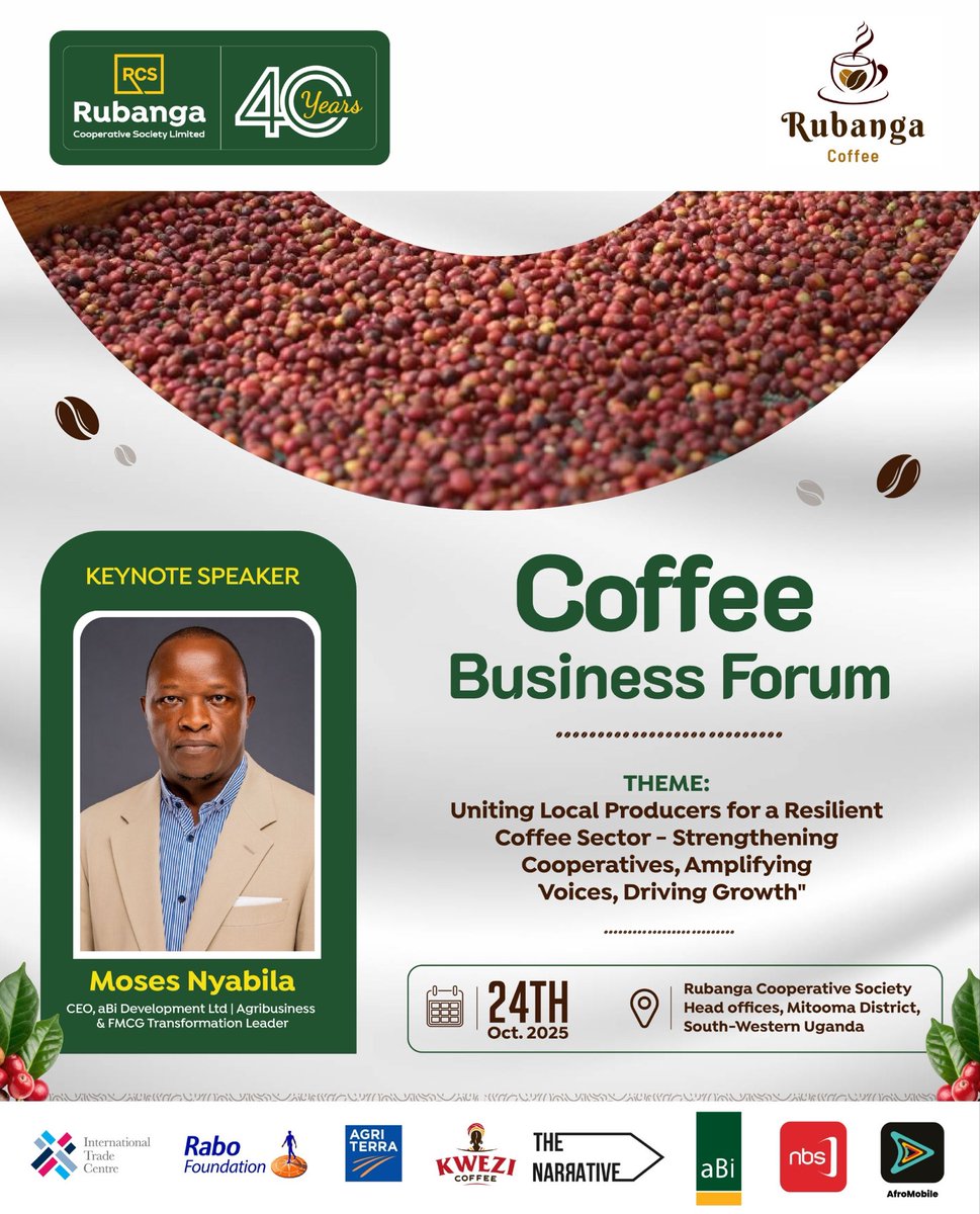 RubangaCoffee's tweet image. Excited to announce our key note speakers for the Coffee Business Forum. Moses Nyabila from @aBiDevtFinance and Netty Wakker from @Rabobank to share insights on scaling coffee production, value addition, financing and sustainable market access #coffeeBusinessForum
#Rubangaat40