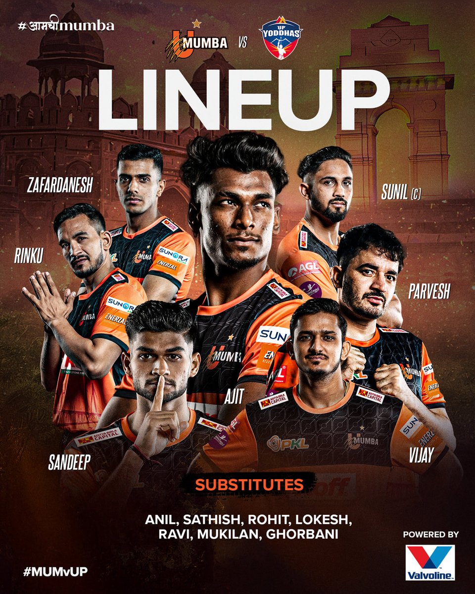umumba's tweet image. The same core. The same fire. The #Mumboys who brought the win, ready to go again. Presenting tonight’s lineup brought to you by Valvoline 🧡

#UMumba | #आमचीMumba | #MUMvUP