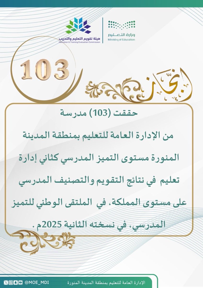 imarat_almadina's tweet photo. 🏅لتحقيق التميّز المدرسي..
تُوِّجت 103 مدارس من تعليم #المدينة_المنورة ضمن نتائج التقويم والتصنيف المدرسي على مستوى المملكة، وذلك خلال #الملتقى_الوطني_للتميز_المدرسي 2025 في نسخته الثانية https://t.co/XpbfpOajtl
