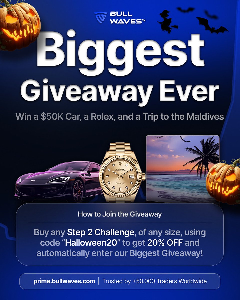 BullwavesPrime's tweet image. 🎃 The Biggest Giveaway Ever by Bull Waves Prime! 🎁
Win a $50K Car, a Rolex, and a Trip to the Maldives 🌴
To join:
Buy any Step 2 Challenge of any size using code “Halloween20” to get 20% OFF and automatically enter our Biggest Giveaway Ever!
🚀 Start trading smart, win big.…