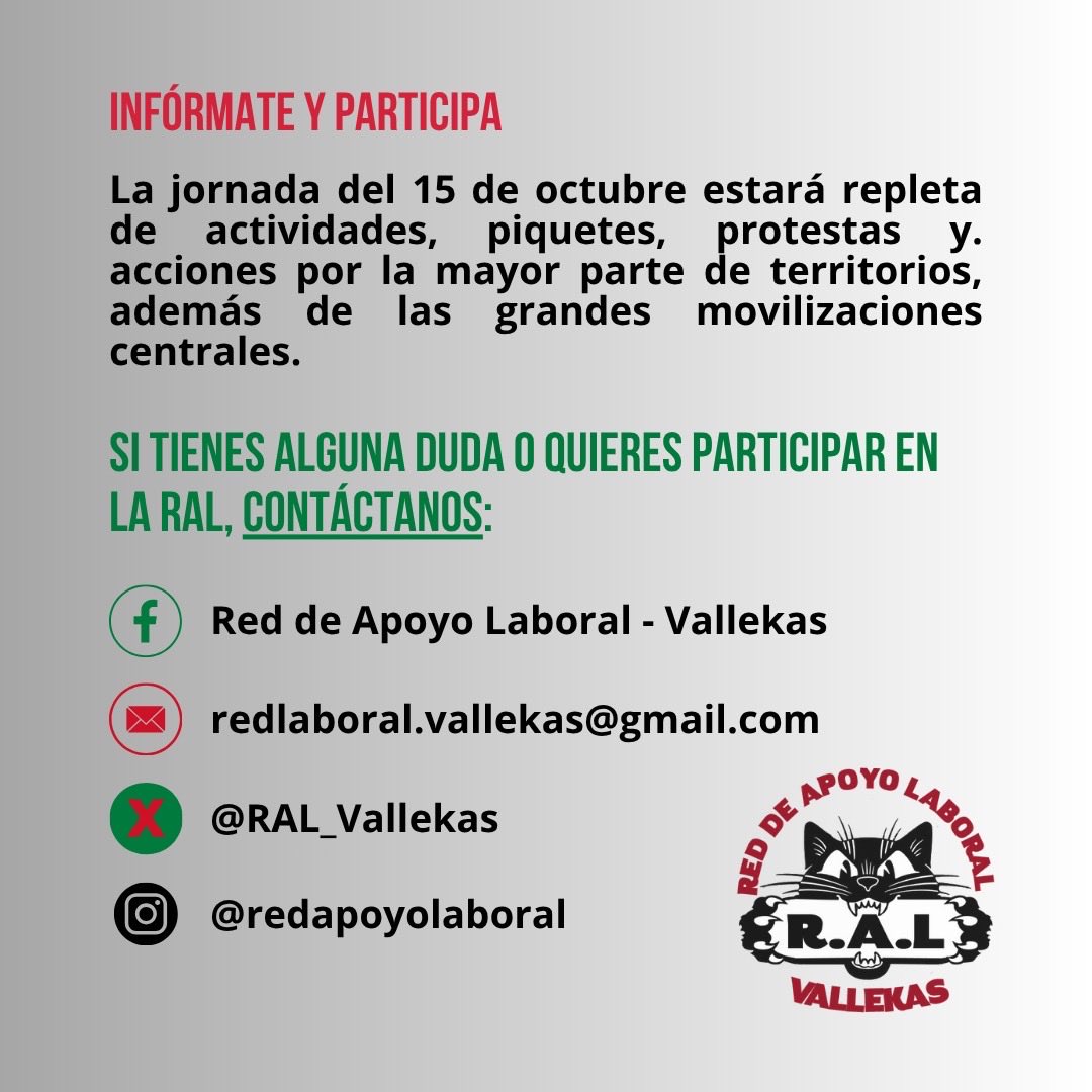 ➡️ Aquí os dejamos unos consejitos e información útil de cara a la Huelga General convocada este miércoles 15/10.

➡️ Desde la RAL os animamos a sumaros a las convocatorias de cada territorio, centro de trabajo, sector o ciudad ✊ así como a informar a vuestras compañeras 💪