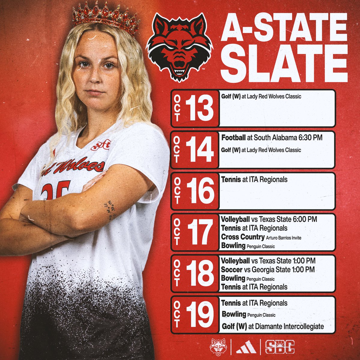 AStateRedWolves's tweet image. It's a busy week for the Red Wolves, including home action for Women's Golf, Volleyball and Soccer as well as a midweek Football clash on national TV! #WolvesUp