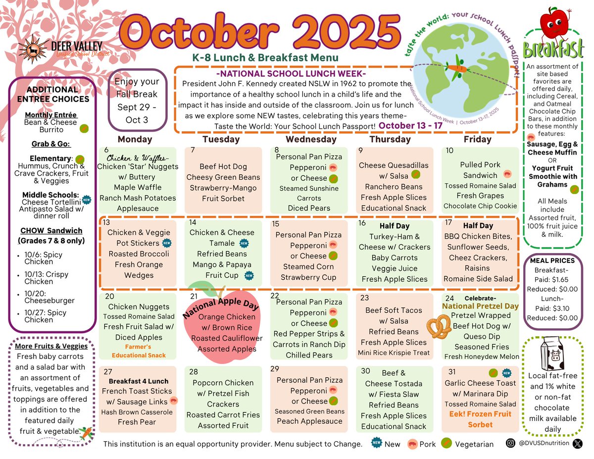 Join us this week as we celebrate National School Lunch Week, where every tray is a passport to flavor.
#NSLW25 Taste the World: Your School lunch passport! <a href="/DVUSD/">Deer Valley Unified School District</a>