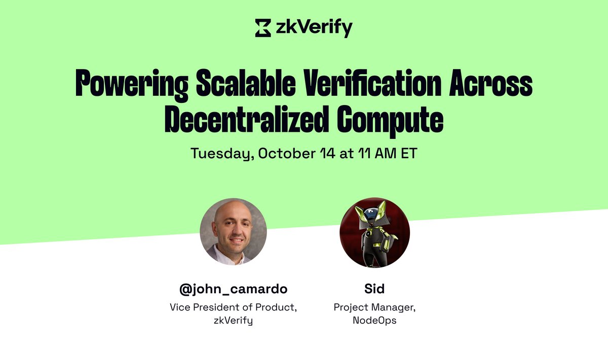 ZKVProtocol's tweet image. ZK-proofs are scaling. Compute is decentralizing. What happens when the two connect?
We’re going live with @BuildOnNodeOps and zkVerify's VP of Product @john_camardo to talk about scaling verification across decentralized compute and what that means for the future of verifiable…