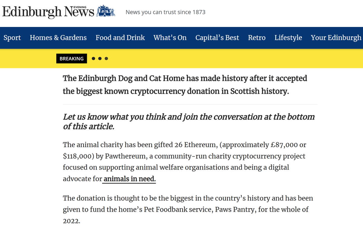 pawthereum's tweet photo. 🐾#Throwback to @pawthereum's historic 26 ETH $118K donation to @EdinDogCatHomein in 2021!🇬🇧 The Largest crypto gift in Scottish history, fueling Paws Pantry to feed pets in need all through 2022. 🐱🐶 Proud to support animal welfare! ❤️ #CryptoForGood #PawthereumLegacy #AnimalCharity #CryptoPhilanthropy #ScotlandCares