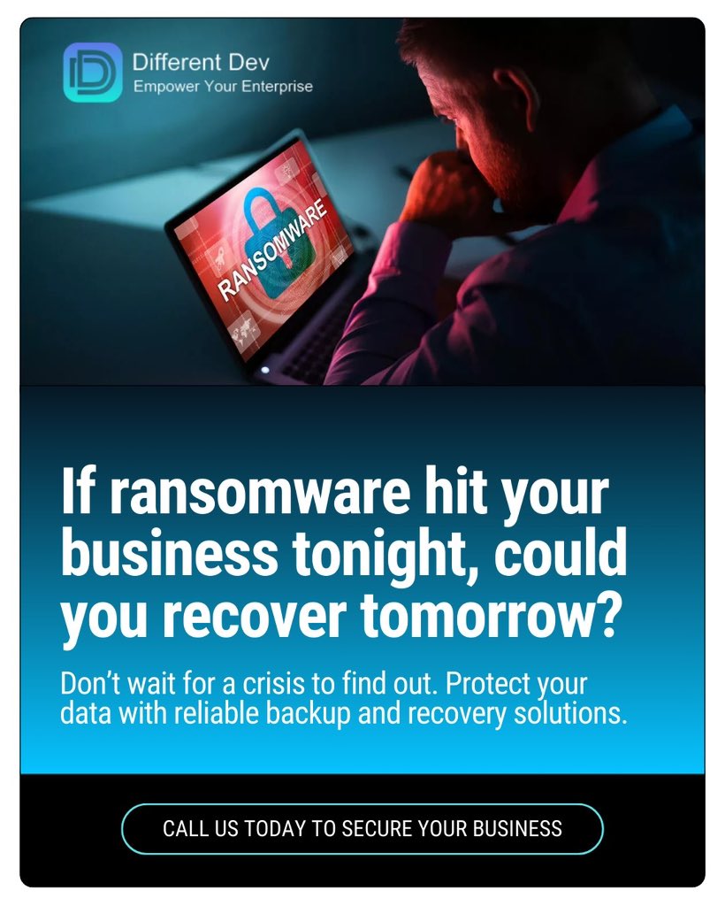 DifferentDev1's tweet image. ⚠️ If you don’t have a plan in place, now is the time to act. 📞 Have concerns about your data security? Schedule a call with us today: sales.differentdev.com/#book-now #CyberSecurity #DataProtection #BusinessContinuity #BCDR #Veeam