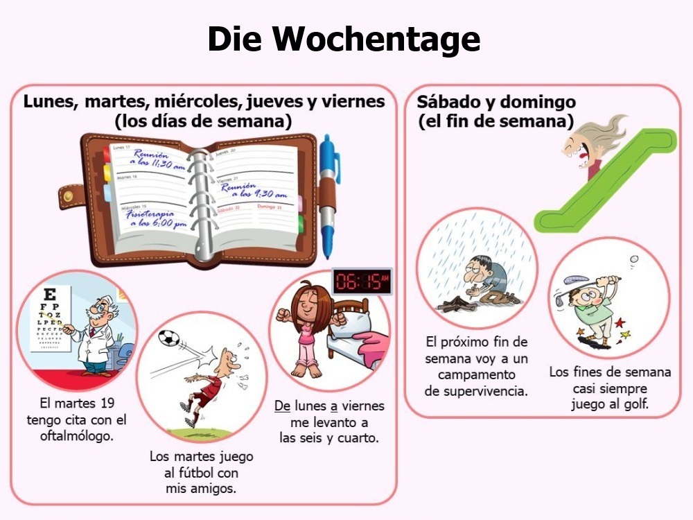 SpanishMucho's tweet image. 🇩🇪*Los días de la semana. Lerne, wie du deine täglichen Aktivitäten mühelos beschreiben kannst, und übe anschließend mit lustigen Tests: bit.ly/3KJqqWV   - Viel Erfolg! ◉◡◉
#español #spanisch #spanischlernen #spanischunterricht #spanischkurs #ichliebespanisch