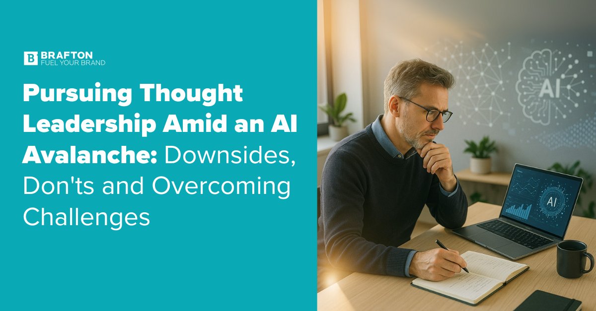 Brafton's tweet image. Publishing more content doesn’t equal more leadership. True thought leadership requires originality, human stories and a perspective only you can bring. Here&apos;s how to rise above the AI noise: bit.ly/3Ip1zH3

#Brafton #ContentMarketingAi #ThoughtLeadership #AiContent