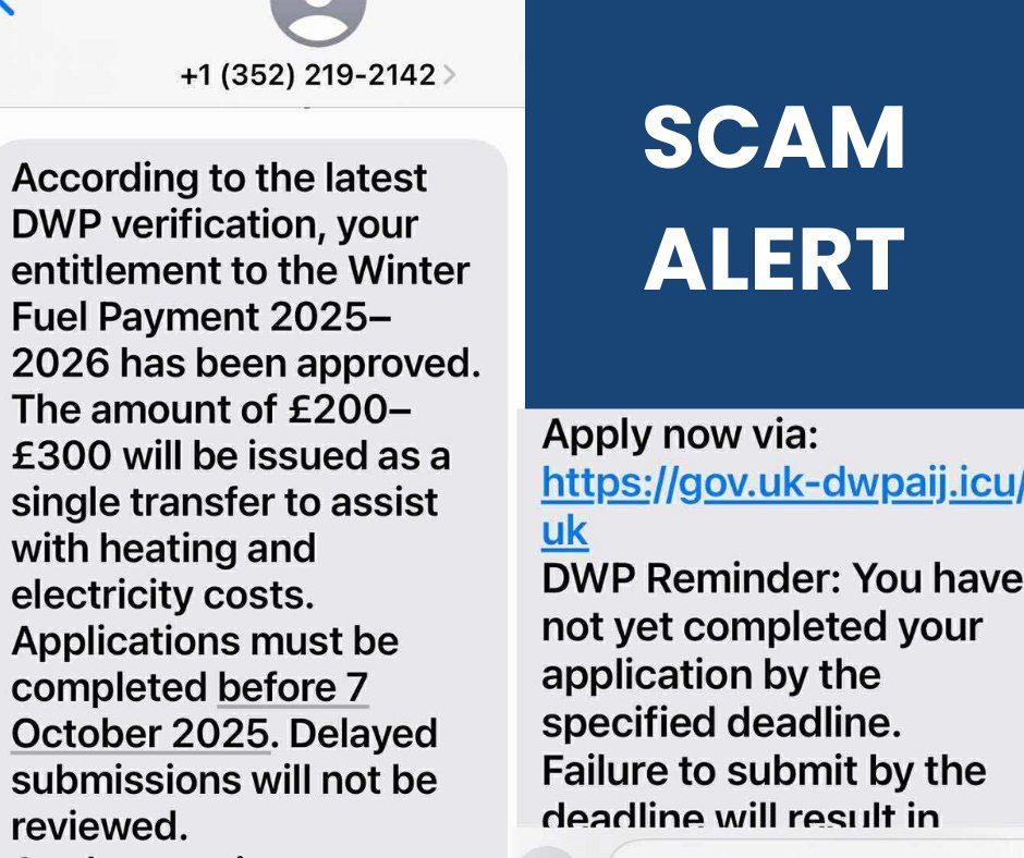 🚨SCAM ALERT 🚨Winter fuel payment text

A text is being sent to residents which says the recipient is eligible for a winter fuel payment.

The text states an amount of between £200 and £300 will be paid to the recipient upon receipt of bank details and a deadline is given along