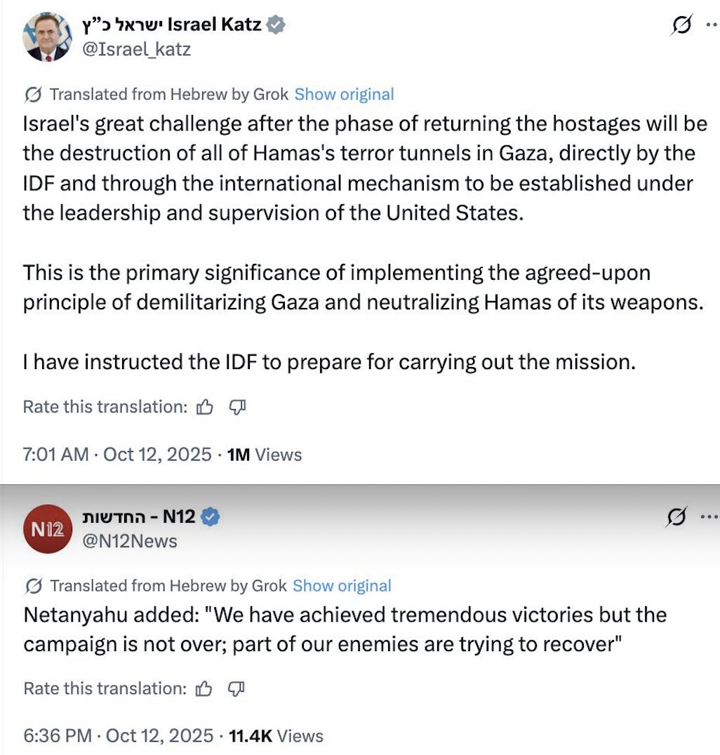 finita la passerella di Trump, continuerà con rinnovato vigore la (rallentata ma mai fermata) mattanza-occupazione-disumanizzazione che i pacifinti (sono loro i veri pacifinti) non volevano/vogliono/vorranno vedere. 
La domanda non è se, bensì quando: x.com/Israel_katz/st…