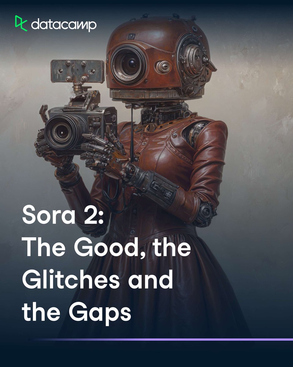 DataCamp's tweet image. Are you on Sora yet?
Sora 2 can generate failure, continuity, and emotion. What it still can’t do is make sense of space.
It feels like the first time AI understands what a camera is.
Not perfectly—but enough to be unsettling. 👀
🖇️ ow.ly/VP0n50X94xu