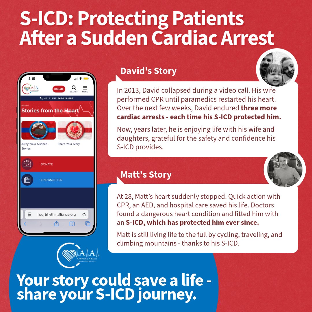 Sudden cardiac arrest (#SCA) can strike without warning, but survival is possible. David and Matt’s lives were saved and protected by their S-ICDs. Today, they are living life to the fullest.

David's Story: loom.ly/TzvbXXA
Matt's Story: loom.ly/1VfLRfk