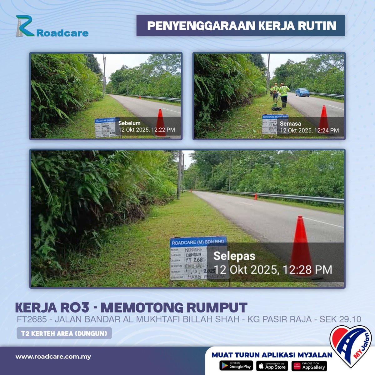 🚧 Kerja Penyenggaraan Rutin R03 - Memotong Rumput

12 Oktober 2025 | Kerja pembersihan R03 di FT2685 sek. 29.10 daerah #dungun disenggarakan oleh #teamroadcare bagi keselamatan pengguna jalan raya.
#InfoJKR #InfoKKR

<a href="/CSFJ_JKR/">Cawangan Senggara Fasiliti Jalan (CSFJ)</a> <a href="/JKRDungun/">JKR Dungun</a> <a href="/Roadcare_HQ/">ROADCARE (M) SDN BHD</a>

📷;