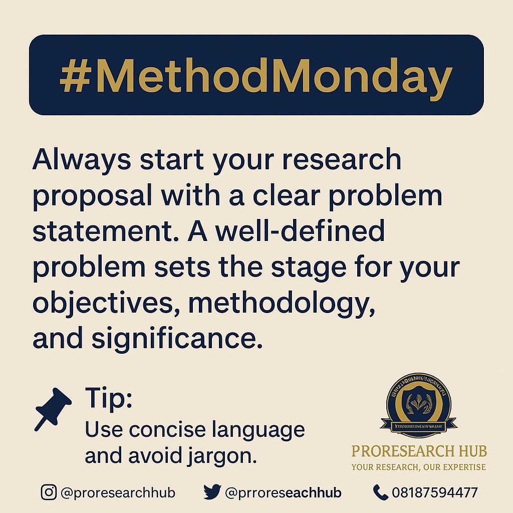 HubProresearch's tweet image. ✨ #MethodMonday with ProResearch Hub 
A strong research proposal begins with a clearly defined problem statement.
💡 Keep it simple. Keep it focused. Keep it impactful.
🔎 Your research deserves clarity.
📚 At ProResearch Hub, we help you transform ideas into winning proposals.