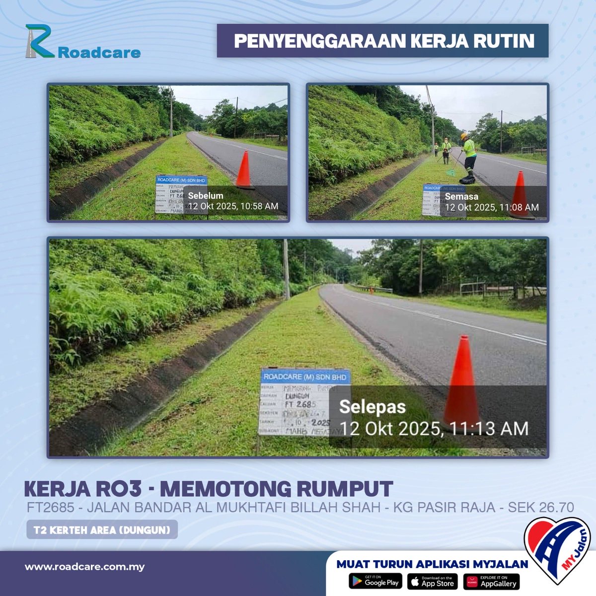 🚧 Kerja Penyenggaraan Rutin R03 - Memotong Rumput

12 Oktober 2025 | Kerja pembersihan R03 di FT2685 sek. 26.70 daerah #dungun disenggarakan oleh #teamroadcare bagi keselamatan pengguna jalan raya.
#InfoJKR #InfoKKR

<a href="/CSFJ_JKR/">Cawangan Senggara Fasiliti Jalan (CSFJ)</a> <a href="/JKRDungun/">JKR Dungun</a> <a href="/Roadcare_HQ/">ROADCARE (M) SDN BHD</a>

📷;