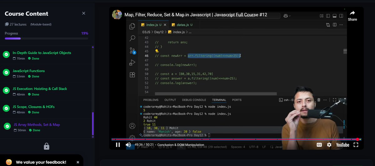 SilentCommit01's tweet image. Day 27 | Defense Batch @rohit_negi9 ✅
Completed 2 lectures today:
• Scope in JavaScript
• Higher Order Functions & Closures
Also covered Array methods — map(), set(), filter(), reduce() and more.
Keeping the flow strong 💻🔥