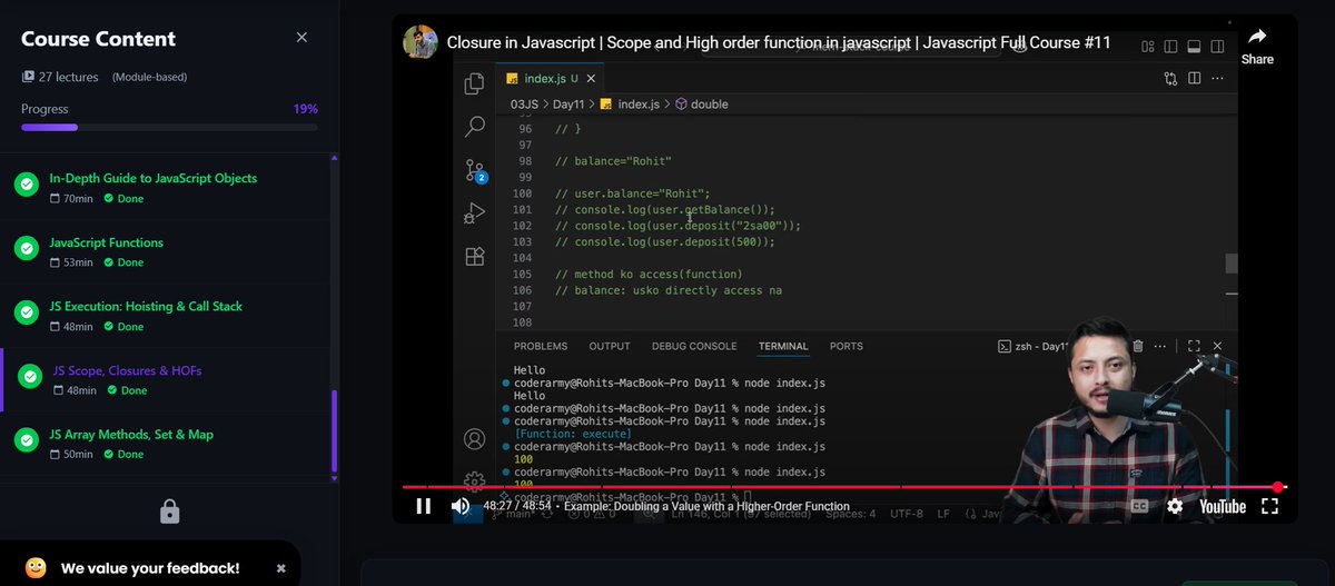 SilentCommit01's tweet image. Day 27 | Defense Batch @rohit_negi9 ✅
Completed 2 lectures today:
• Scope in JavaScript
• Higher Order Functions & Closures
Also covered Array methods — map(), set(), filter(), reduce() and more.
Keeping the flow strong 💻🔥