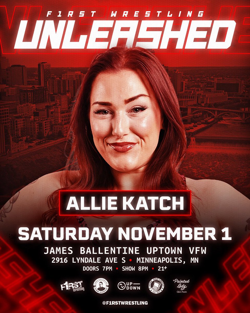 F1RST Wrestling (@f1rstwrestling) on Twitter photo SHE’S BAAAAAACK . . . ALLIE KATCH RETURNS TO F1RST WRESTLING!
⚠️F1RST Wrestling: 𝑼𝑵𝑳𝑬𝑨𝑺𝑯𝑬𝑫⚠️
SATURDAY | November 1st
<a href="/UptownVFW/">James Ballentine VFW</a> | Minneapolis, MN
Doors 7pm | Show 8pm | 21+ Event
🚨GET YOUR TICKETS NOW🚨
🎟️ eventbrite.com/e/f1rst-wrestl… SHE’S BAAAAAACK . . . ALLIE KATCH RETURNS TO F1RST WRESTLING!
⚠️F1RST Wrestling: 𝑼𝑵𝑳𝑬𝑨𝑺𝑯𝑬𝑫⚠️
SATURDAY | November 1st
<a href="/UptownVFW/">James Ballentine VFW</a> | Minneapolis, MN
Doors 7pm | Show 8pm | 21+ Event
🚨GET YOUR TICKETS NOW🚨
🎟️ eventbrite.com/e/f1rst-wrestl…