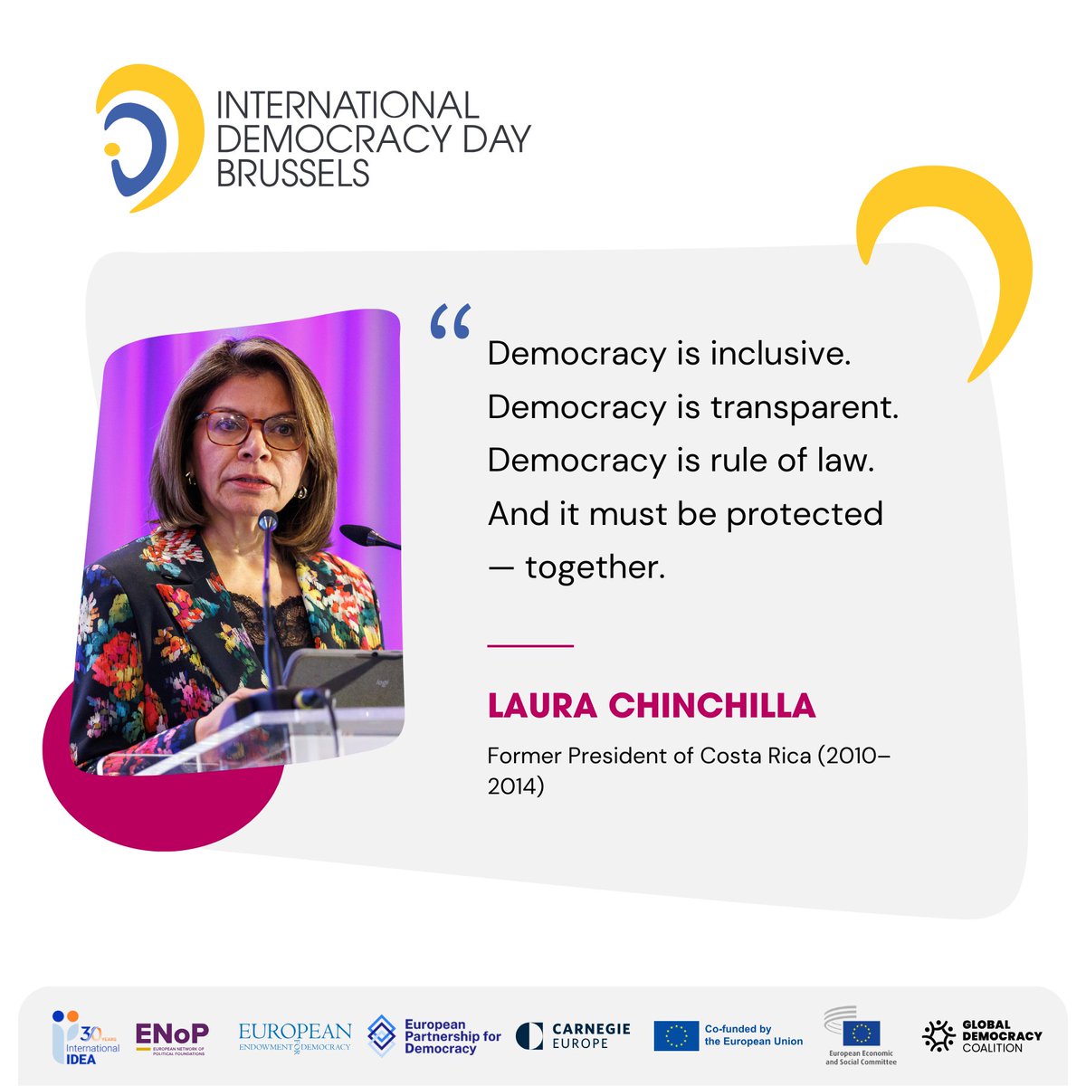 IDDBrussels's tweet image. 💬 Democracy   is inclusive. Democracy is transparent. Democracy is rule of law. And it must   be protected — together.
 
  — @Laura_Ch , Former President of Costa Rica (2010–2014), at   #IDDBrussels 2025
 
  #InternationalDemocracyDay #DemocracyMatters