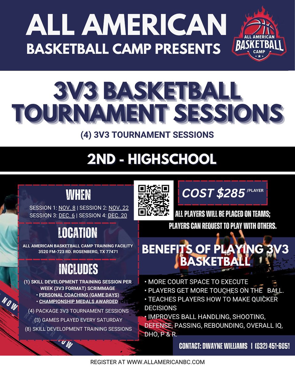 Registration open for our (4) Package 3v3 Tournament Sessions!  Starts Nov. 8th

It’s a proven fact that players have grown, gained confidence, and improved their basketball IQ playing on our platform.

Our 3v3 format style forces players to make quicker &amp; better decisions.