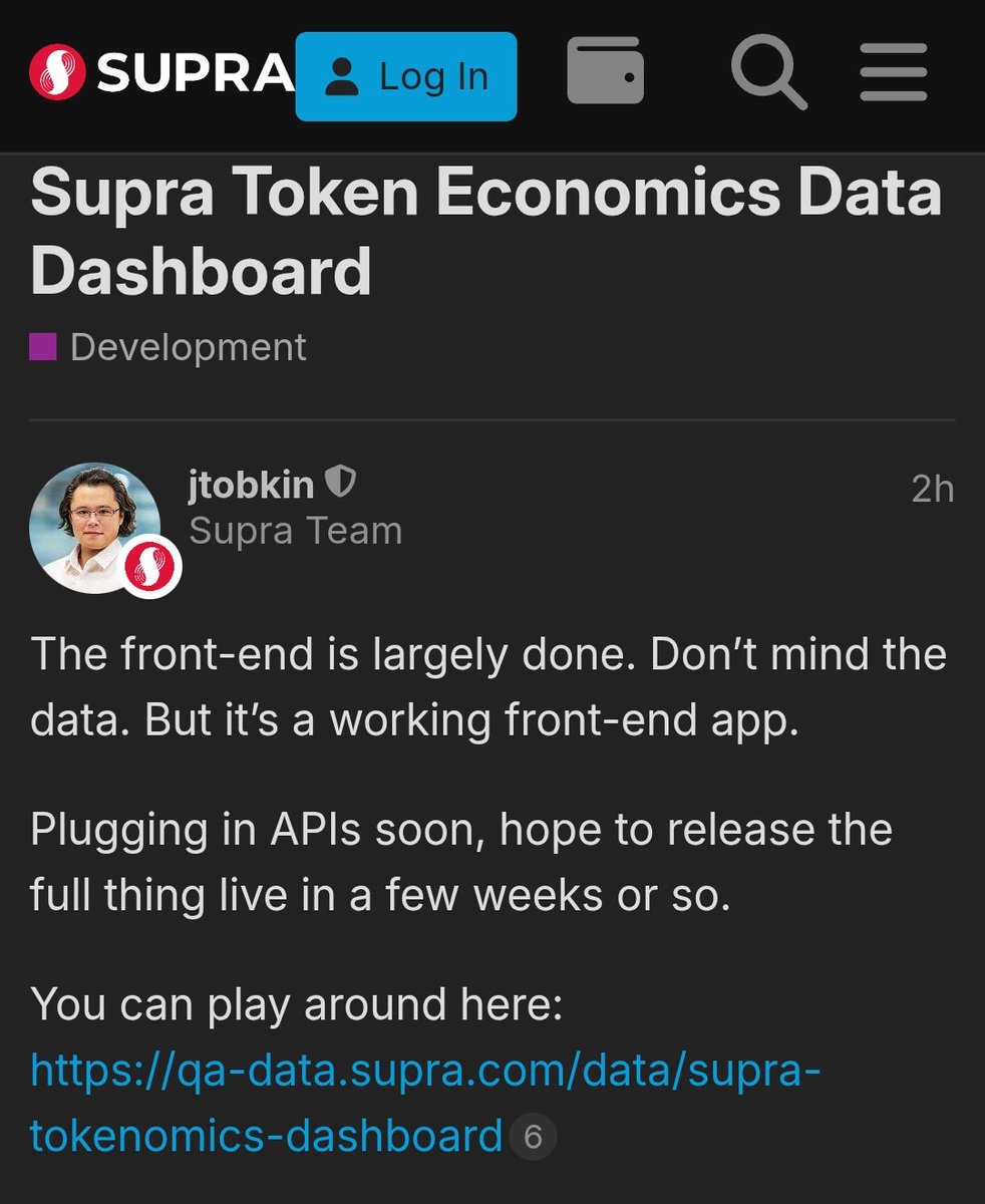 newsbuzzcrypto's tweet image. $SUPRA 's Tokenomics Dashboard is in progress, the team @SUPRA_Labs has released a preview for users to suggest whatever they'd like to see when it is fully launched.
Check it out:
qa-data.supra.com/data/supra-tok…
NOTE: Current data and figures, are for experimental purpose for now.
