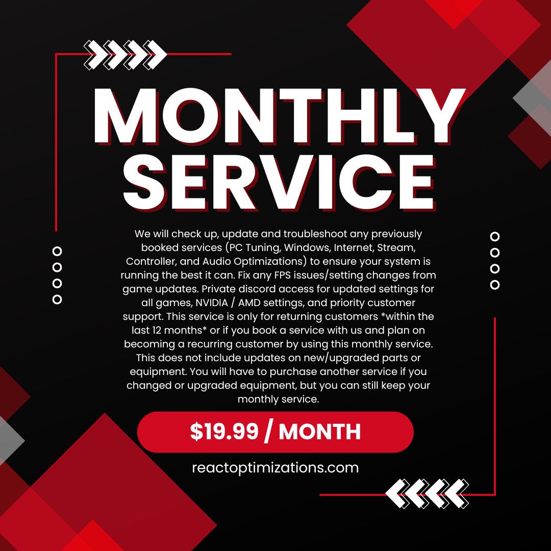 MasonReact's tweet image. 🚀 Our Monthly Service is still growing — now with 27+ members keeping their PCs running like new every month!
✅ Monthly checkups
✅ FPS fixes after game updates
✅ Updated NVIDIA/AMD settings
✅ Priority support + private Discord
Join the squad for $19.99/month 👇(link below)