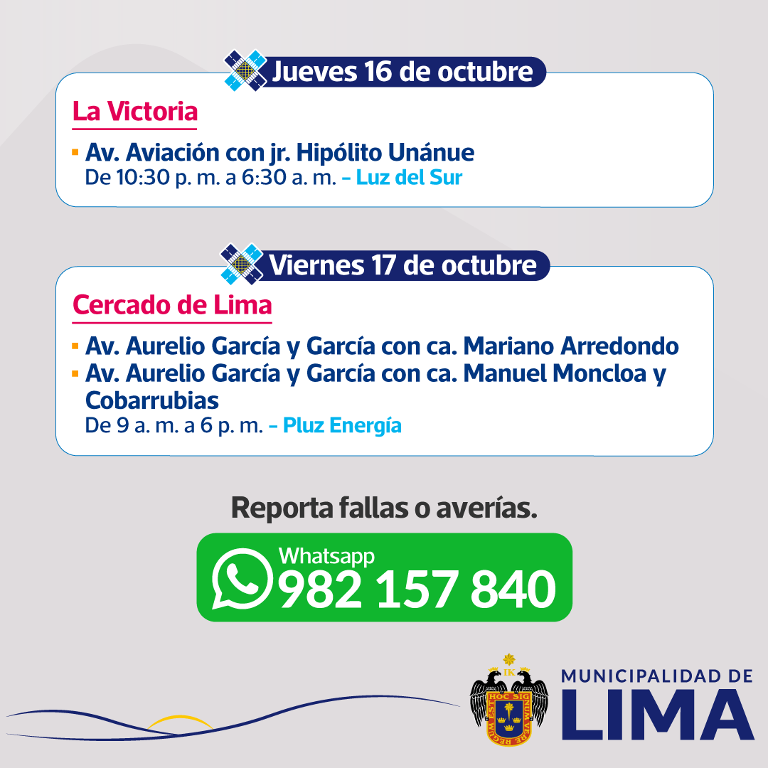 ⚠️ COMUNICADO IMPORTANTE ⚠️
Del 13 al 17 de octubre habrá cortes de energía eléctrica que afectarán el funcionamiento de semáforos en varios distritos de Lima. 🗓

🚦Planifica tu ruta y extrema precauciones.

📲 Reportes al #AlertaSemáforo 982 157 840.