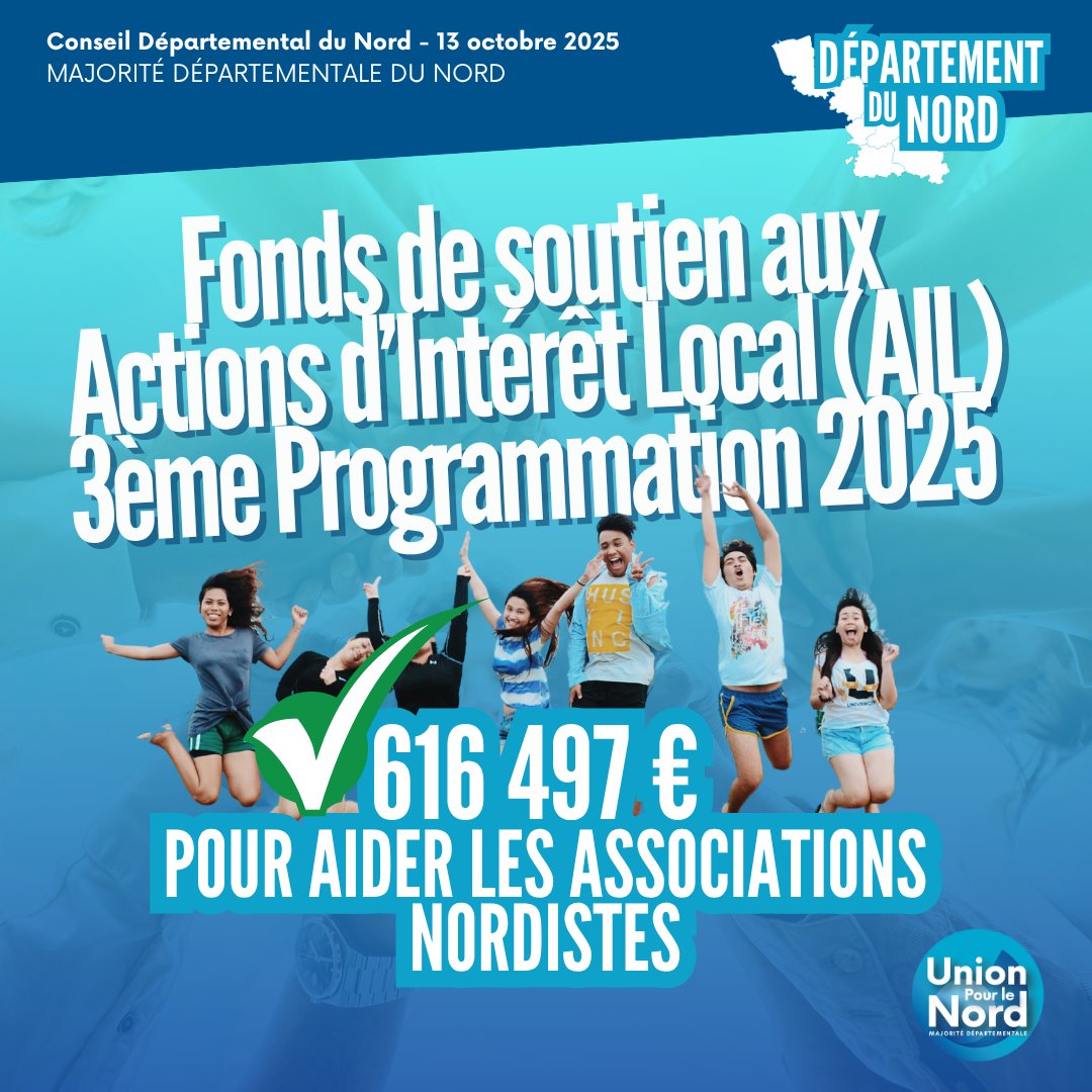 ✅ C’EST VOTÉ #CD59 !🚀 Les élus <a href="/unionpourlenord/">Union Pour le Nord</a> ont voté l’attribution de subventions via le Fonds AIL pour 2025 
✚  616 497 € pour soutenir associations &amp; communes 
🎯 Vie locale, sport, culture, solidarité : le <a href="/departement59/">Département du Nord</a> agit pour ses territoires !

#UnionPourLeNord