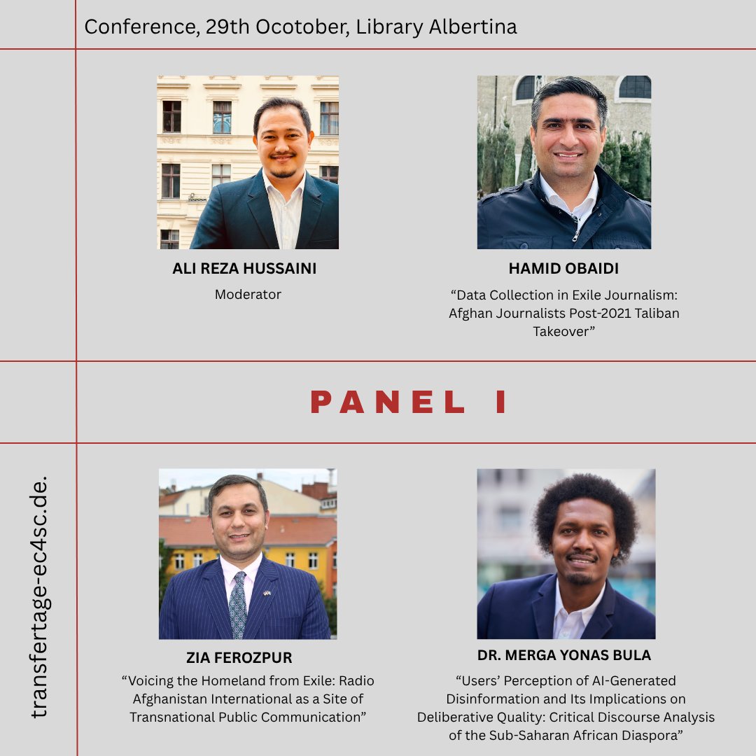 🎙 Meet our Panel Participants: “Journalism, Disinformation, and Transnational Media Practices”
We’re excited to introduce the speakers for our first panel, moderated by PhD candidate Ali Rreza Hussaini. 
The session brings together diverse perspectives on journalism, media, and