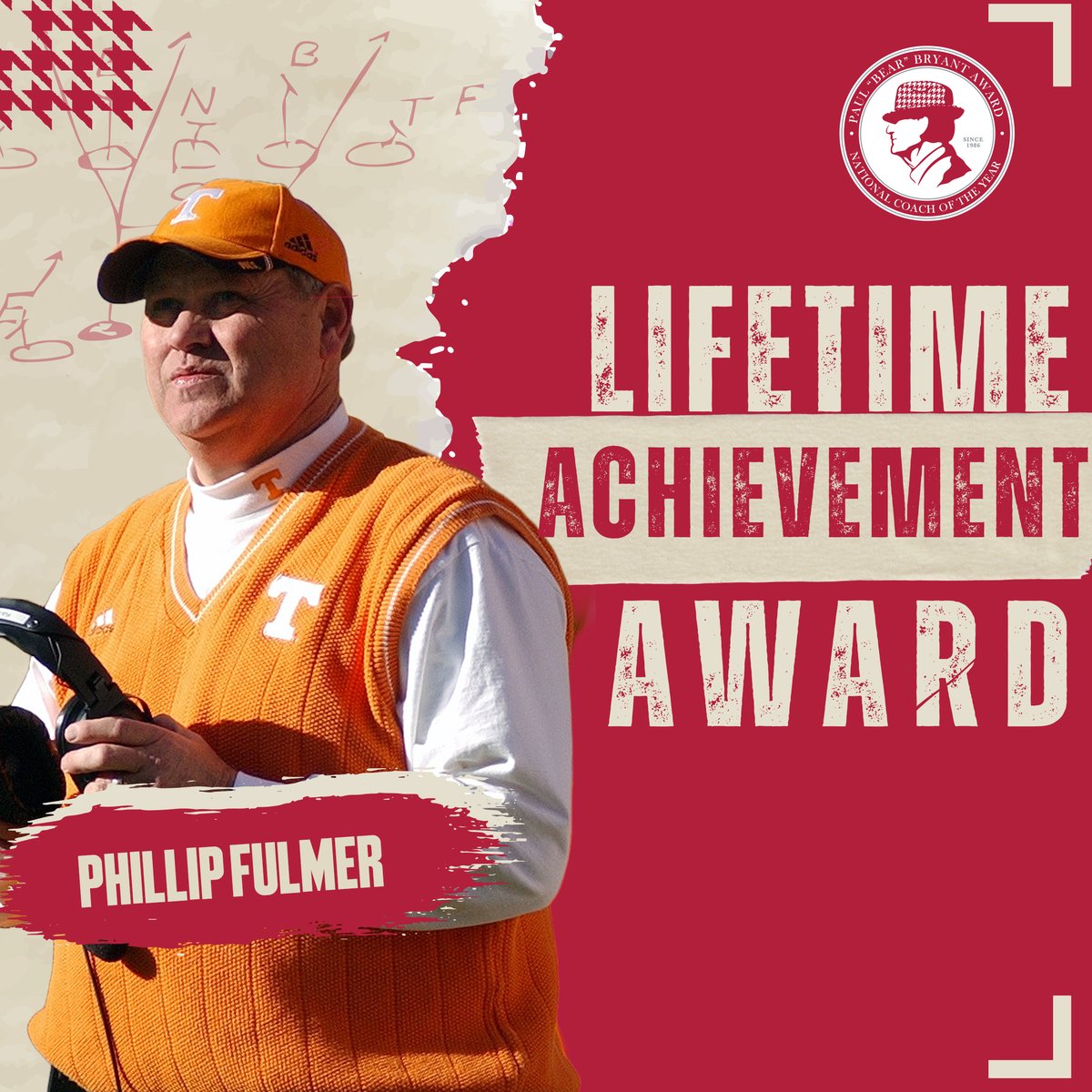 152 wins. 2 SEC titles. 1 National Championship.
A legacy that defined an era in college football.

👏 Congratulations to <a href="/Vol_Football/">Tennessee Football</a> legend Phillip Fulmer, the 2025 Paul “Bear” Bryant Lifetime Achievement Award recipient.

📰 - spr.ly/6014AxJ0k

#BryantAwards #GBO 🍊